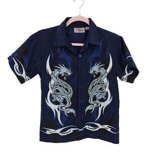 Xtreme Limit Shirt boys Medium Blue Dragon Tribal Graphic Button Up Short Sleeve